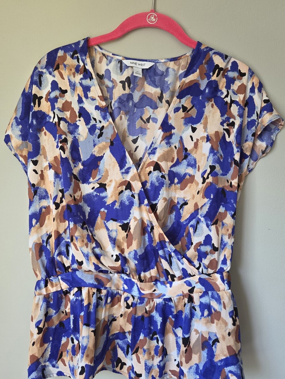 Nine West Blue, Tan & Black Abstract Wrap Blouse